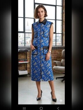 Hanh Merriman Blue Pixelated Houndstooth Sleeveless Utility Dress Medium